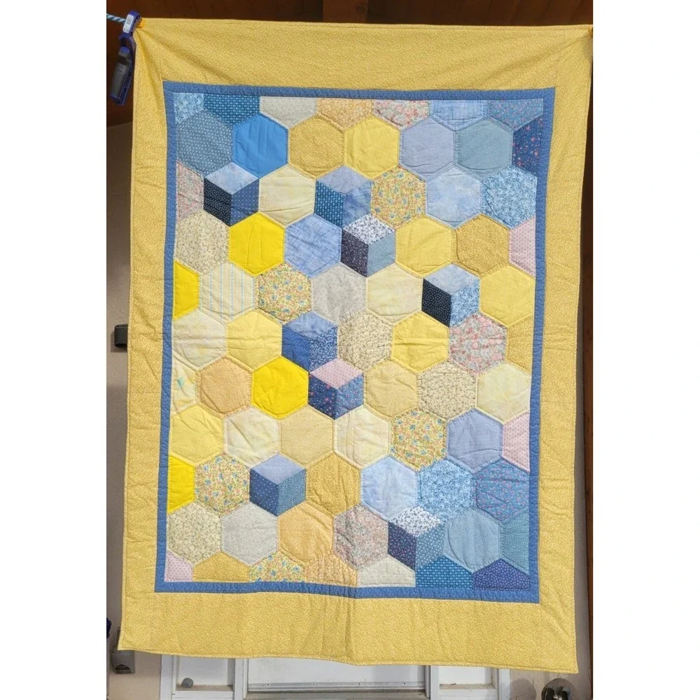 Vintage‎ Baby Crib Quilt 40x56 Yellow Blue Patchwork Tumbling Blocks